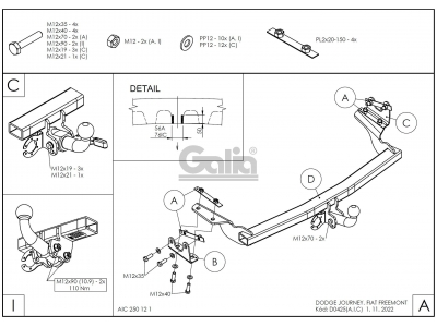Фаркоп оцинкованный Galia шар C съемный для Dodge Journey/Fiat Freemont 2008-2016